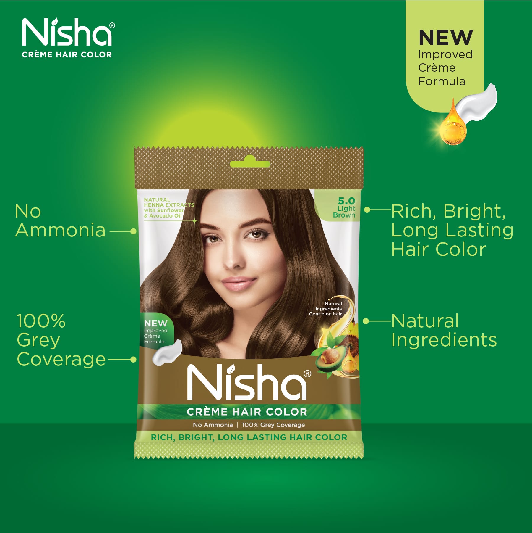 Nisha Crème Hair Color 5.0 Light Brown | No Ammonia