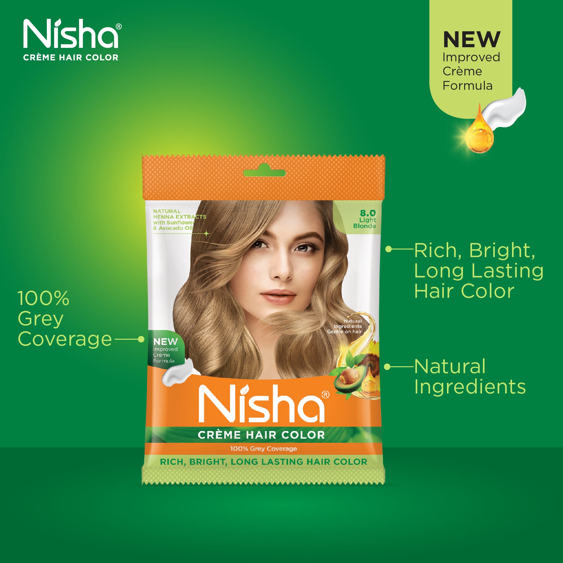 Nisha Crème Hair Color 8.0 Light Blonde | 100% Grey Coverage