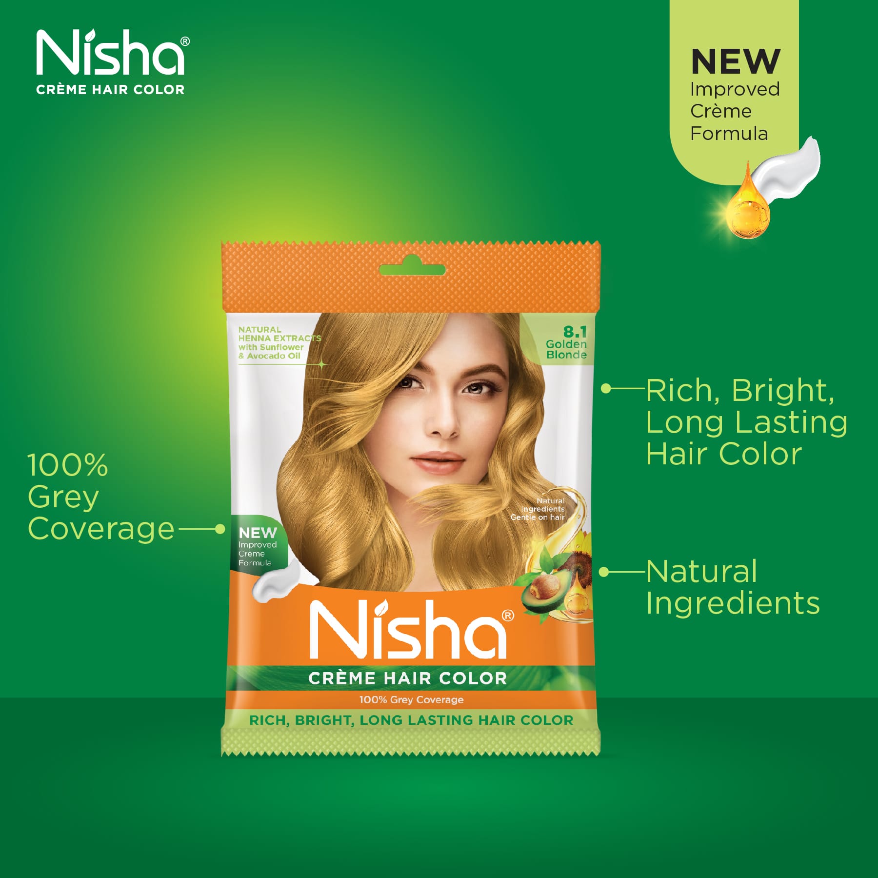 Nisha Crème Hair Color 8.1 Golden Blonde | 100% Grey Coverage
