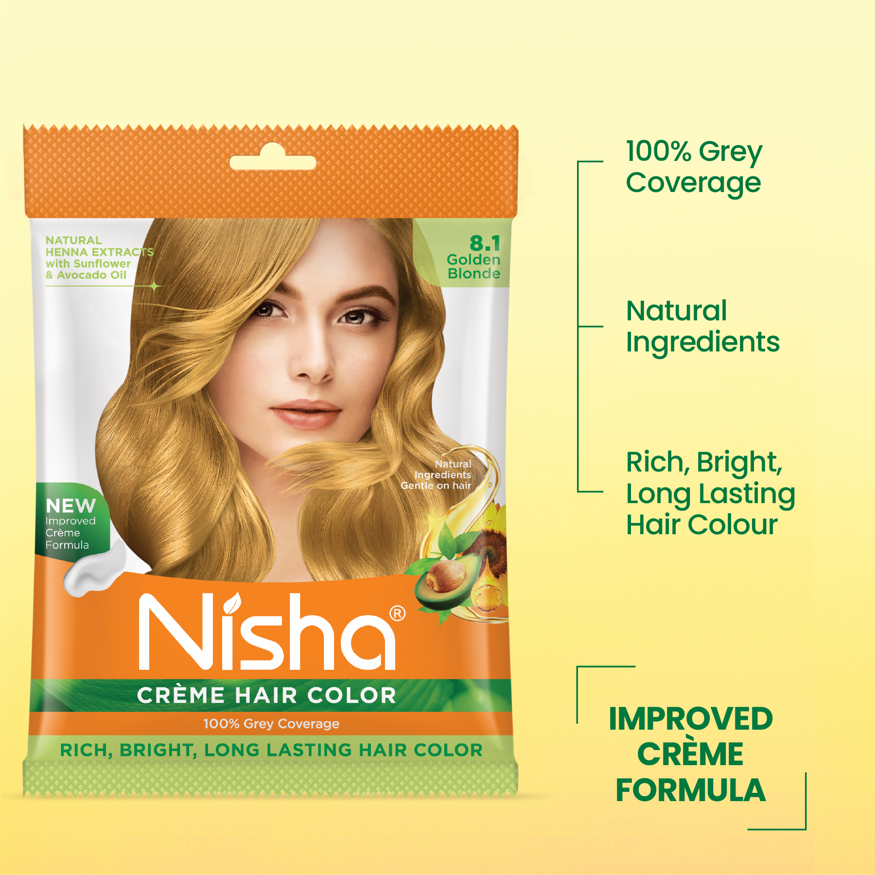 Nisha Crème Hair Color 8.1 Golden Blonde | 100% Grey Coverage