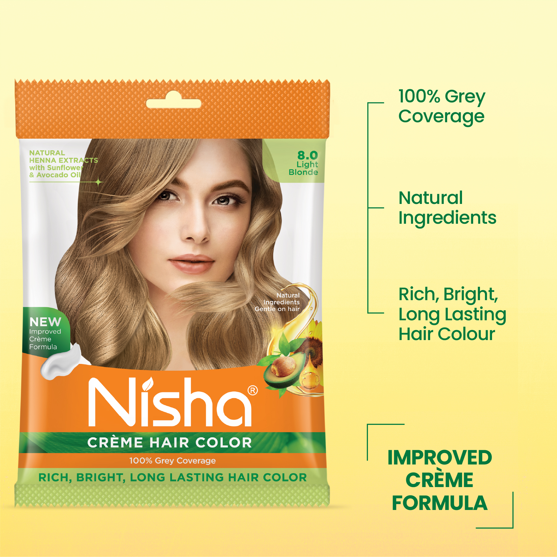 Nisha Crème Hair Color 8.0 Light Blonde | 100% Grey Coverage