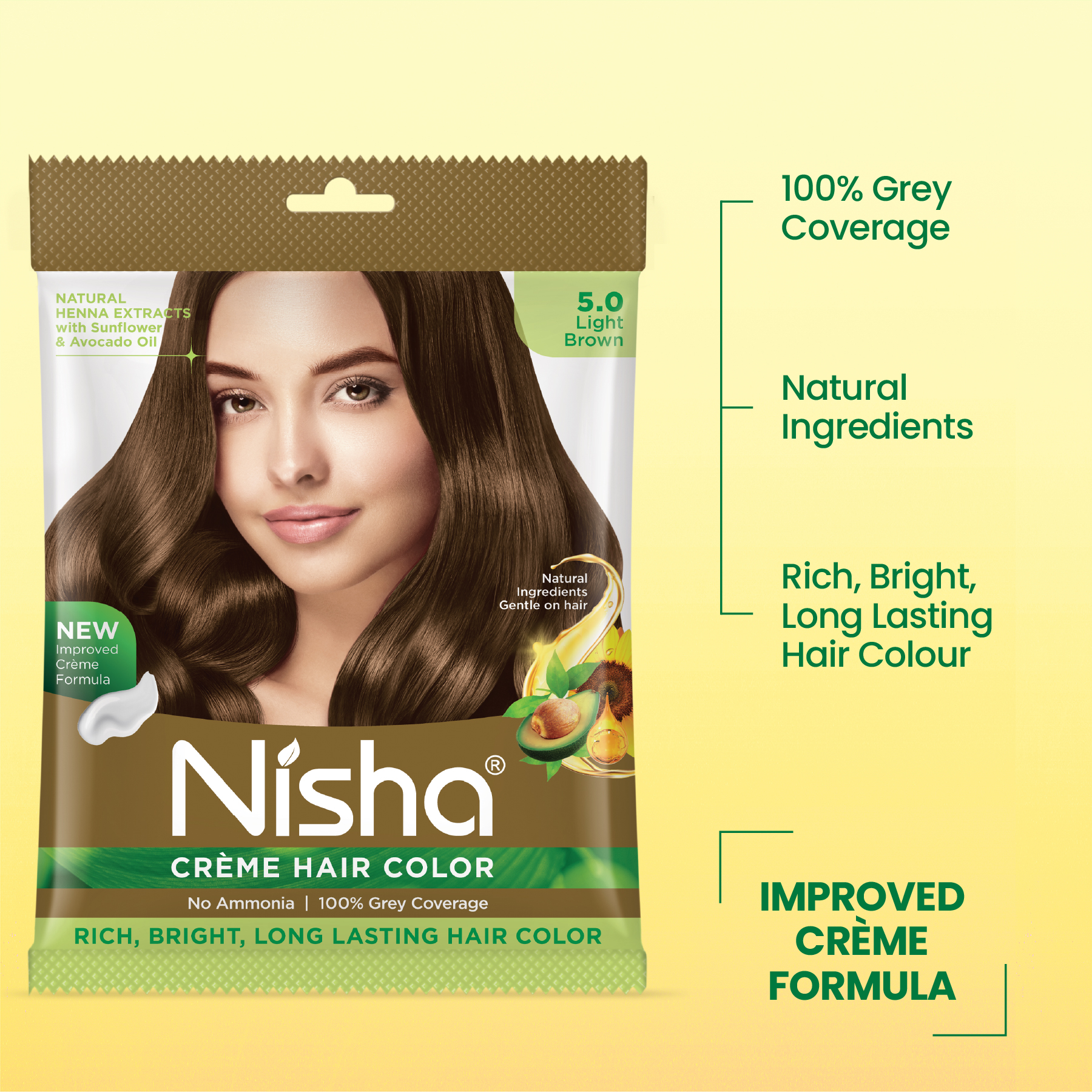 Nisha Crème Hair Color 5.0 Light Brown | No Ammonia